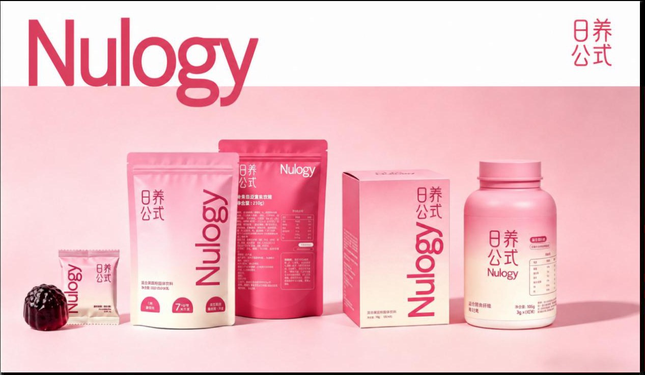 日养公式 Nulogy 全线产品包装：独立装软糖、粉色与玫红色立袋、彩盒与瓶装